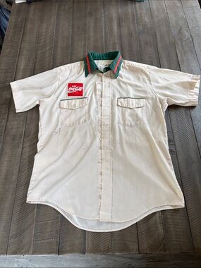 Coca Cola Cream Short Sleeve Button-Down with Green Collar and Red Patch
